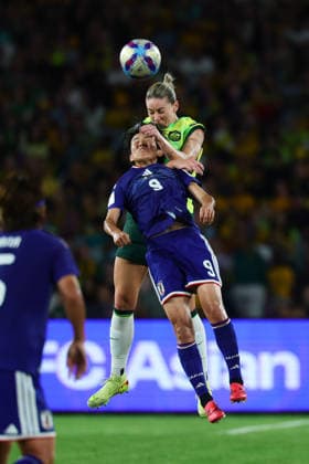Alanna Kennedy of Australia and Riko Ueki of Japan jump for a header during the AFC Womens Asian Cup 2026 Final match between Japan Women and Australia Women at Stadium Australia, Sydney, Australia on 21 March 2026. Copyright: xPeterxDovganx 44690046