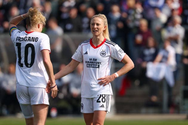 FRANKFURT AM MAIN, GERMANY 21 MARCH 2026 Eintracht Frankfurt Women vs HSV Women, 1 Womens Bundesliga, Stadion am Brentanobad v l , Laura Freigang Eintracht Frankfurt , Rebecka Blomqvist Eintracht Frankfurt Action against racism jersey We are Frankfurt ALL in Swedish Copyright: JoaquimxFerreira