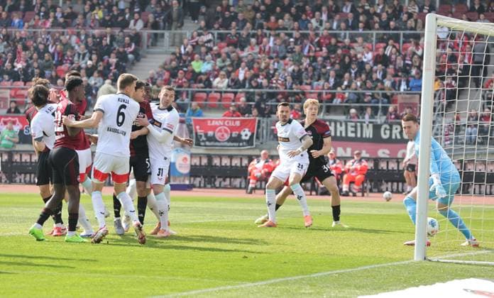 21 03 2026 Soccer Season 2025 2026 2 Soccer Bundesliga 27 Matchday 1 FC Nürnberg FCN Club 1 FC Kaiserslautern FCK Rote Roten Teufel Sportfoto Zink DaMa xdaxmax DFL regulations prohibit any use of photographs as image sequences and or quasi video only for editorial use Tor Treffer Goal shot for 1 0 Goal scorer Luka Lochoshvili 24, 1 FC Nürnberg FCN per Kopfball gg Julian Krahl 1, 1 FC Kaiserslautern FCK