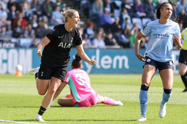 MANCHESTER, ENGLAND - March 21, 2026: Olivia Holdt of Tottenham Hotspur celebrates her goal during the Barclays Womens Super League match between Manchester City and Tottenham Hotspur at Joie Stadium on March 21, 2026 in Manchester, England. Copyright: xSeanxChandlerx xSPPx Sportspressphoto_SPR114781
