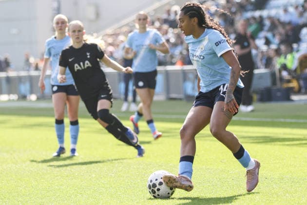 MANCHESTER, ENGLAND - March 21, 2026: Kerolin Nicoli of Manchester City controls the ball during the Barclays Womens Super League match between Manchester City and Tottenham Hotspur at Joie Stadium on March 21, 2026 in Manchester, England. Copyright: xSeanxChandlerx xSPPx Sportspressphoto_SPR114816