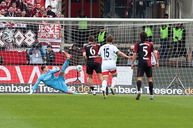 21 03 2026, xrekx, Soccer 2 Bundesliga, 1 FC Nuernberg 1 FC Kaiserslautern v l Penalty kick to 2 0 by Adam Markhiev 1 FC Nuernberg Julian Krahl 1 FC Kaiserslautern DFL DFB REGULATIONS PROHIBIT ANY USE OF PHOTOGRAPHS as IMAGE SEQUENCES and or QUASI VIDEO Nuernberg