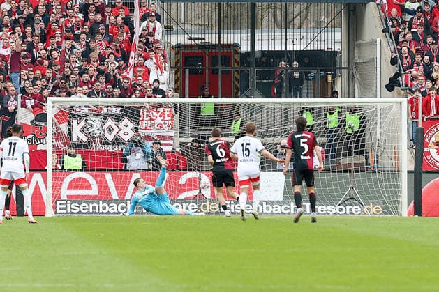 21 03 2026, xrekx, Soccer 2 Bundesliga, 1 FC Nuernberg 1 FC Kaiserslautern v l Penalty kick to 2 0 by Adam Markhiev 1 FC Nuernberg Julian Krahl 1 FC Kaiserslautern DFL DFB REGULATIONS PROHIBIT ANY USE OF PHOTOGRAPHS as IMAGE SEQUENCES and or QUASI VIDEO Nuernberg