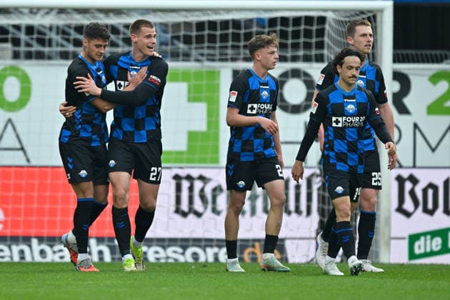 Paderborn, Home Deluxe Arena, 21 03 26, GER, Herren, 2 Bundesliga, Saison 2025 2026, SC Paderborn 07 Dynamo Dresden Bild Steffen TIGGES Paderborn jubilates after his goal for 1 1 DFL regulations prohibit any use of photographs as image sequences and or quasi video NRW Germany