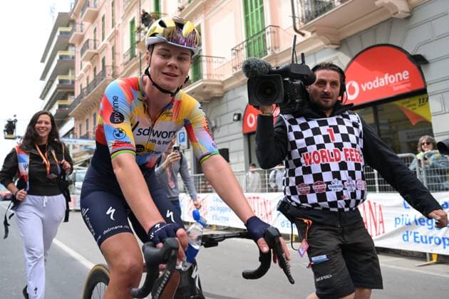 Belgian Lotte Kopecky pictured after winning the Milano-Sanremo one day cycling race for women, from Milan to San Remo, Italy, Saturday 21 March 2026. DAVIDxPINTENS  x168454221x