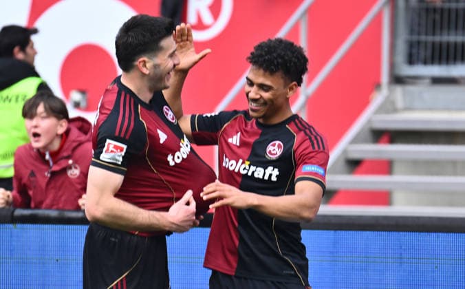 21 03 2026 Soccer Season 2025 2026 2 Soccer Bundesliga 27 Matchday 1 FC Nürnberg FCN Club 1 FC Kaiserslautern FCK Rote Roten Teufel Sportfoto Zink xwoxzix DFL regulations prohibit any use of photographs as image sequences and or quasi video only for editorial use Torjubel Jubel nach Treffer Torschuß zum 3 0 durch Luka Lochoshvili 24, 1 FC Nürnberg FCN Luka Lochoshvili 24, 1 FC Nürnberg FCN Henri Koudossou 8, 1 FC Nürnberg FCN