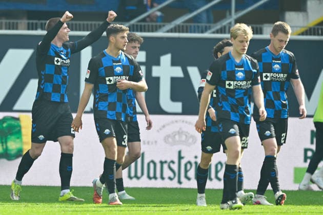 Paderborn, Home Deluxe Arena, 21 03 26, GER, Herren, 2 Bundesliga, Saison 2025 2026, SC Paderborn 07 Dynamo Dresden Bild Steffen TIGGES Paderborn jubilates after his goal for 2 1 DFL regulations prohibit any use of photographs as image sequences and or quasi video NRW Germany
