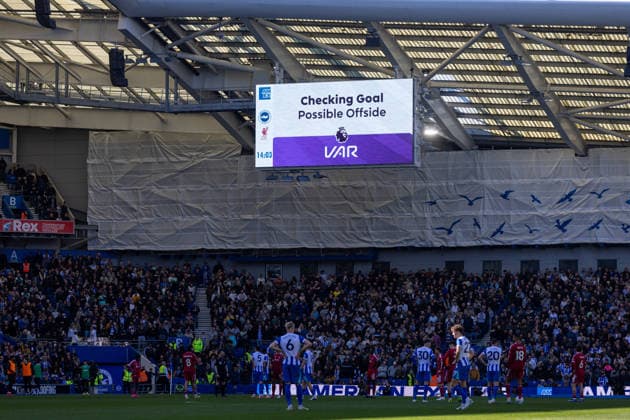 Football - FA Premier League - Brighton & Hove Albion FC v Liverpool FC BRIGHTON & HOVE, ENGLAND - Saturday, March 21, 2026: Screen with VAR check for offside but goal was given during the FA Premier League match between Brighton & Hove Albion FC and Liverpool FC at the AMEX Community Stadium. (Photo by David Rawcliffe Propaganda) BRIGHTON & HOVE AMEX Community Stadium SUSSEX ENGLAND  Copyright: xDavidxRawcliffex P2026-03-21-Brighton_Liverpool-97