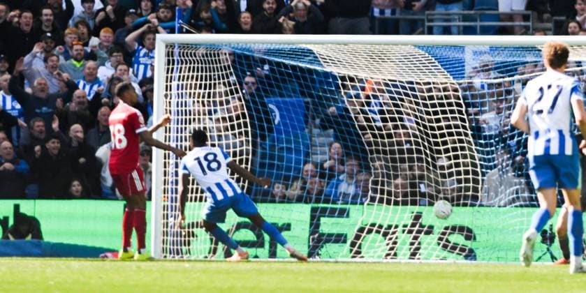 Danny Welbeck of Brighton scores their second goal during the Premier League match between Brighton and Hove Albion and Liverpool at the American Express Stadium , Brighton , UK - 21st March 2026 Brighton & Hove Albion vs Liverpool Premier League Football, Amex Stadium, Sussex, United Kingdom - 21 Mar 2026Brighton Amex Stadium Sussex United Kingdom Editorial use only. No merchandising. For Football images FA and Premier League restrictions apply inc. no internet mobile usage without FAPL license - for details contact Football Dataco  Copyright: xSimonxDack TPI Shutterstockx 16784403z