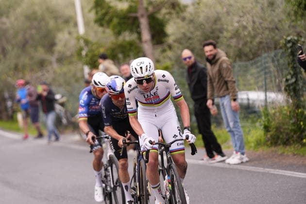Tadej PogaÄar of UAE Team Emirates XRG, Thomas Pidcock of Pinarello-Q36.5 Pro Cycling Team and Mathieu Van Der Poel of Alpecin-Premier Tech during the men s elite race of the Milano-Sanremo one day cycling race (298 km) from Pavia to Sanremo - North West Italy - March 20, 2026. - cycling .  Copyright: xPOOLxFabioxFerrari LaPressex