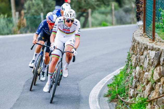 Milan Sanremo 2026 Cycling Race SANREMO, ITALY - MARCH 21 : Pogacar Tadej (SLO) of UAE Team Emirates - XRG in the escape pack during the 117th edition of Milan Sanremo an UCI World Tour 1.UWT one day cycling road race for Men Elite of 298 km with start in Pavia and finish in Sanremo on March 21, 2026 in Sanremo, Italy, 21 03 2026 ( Motordriver Guy De Vuyst - Sanremo Italy  Copyright: xLucaxBettinix