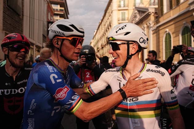 Tadej PogaÄar of UAE Team Emirates XRG winner And Mathieu Van Der Poel of Alpecin-Premier Tech during the men s elite race of the Milano-Sanremo one day cycling race (298 km) from Pavia to Sanremo - North West Italy - March 20, 2026. - cycling .  Copyright: xMasrcoxAlpozzi LaPressex
