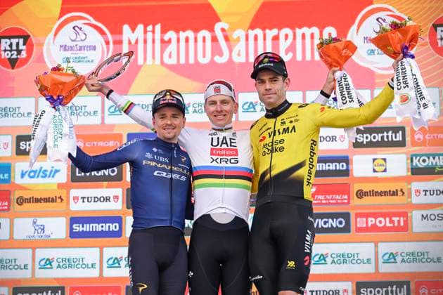 Milan Sanremo 2026 Cycling Race SANREMO, ITALY - MARCH 21 : Pogacar Tadej (SLO) of UAE Team Emirates - XRG, Pidcock Thomas (GBR) of Pinarello - Q36.5 Pro Cycling Team, Van Aert Wout (BEL) of Team Visma I Lease a Bike during the 117th edition of Milan Sanremo an UCI World Tour 1.UWT one day cycling road race for Men Elite of 298 km with start in Pavia and finish in Sanremo on March 21, 2026 in Sanremo, Italy, 21 03 2026 ( Motordriver Guy De Vuyst - Sanremo Italy  Copyright: xNicoxVereeckenx