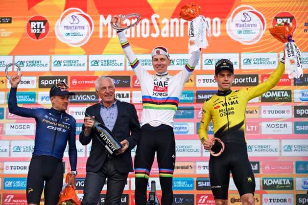Milan Sanremo 2026 Cycling Race SANREMO, ITALY - MARCH 21 : Pogacar Tadej (SLO) of UAE Team Emirates - XRG, Pidcock Thomas (GBR) of Pinarello - Q36.5 Pro Cycling Team, Van Aert Wout (BEL) of Team Visma I Lease a Bike on the podium during the 117th edition of Milan Sanremo an UCI World Tour 1.UWT one day cycling road race for Men Elite of 298 km with start in Pavia and finish in Sanremo on March 21, 2026 in Sanremo, Italy, 21 03 2026 ( Motordriver Guy De Vuyst - Sanremo Italy  Copyright: xNicoxVereeckenx