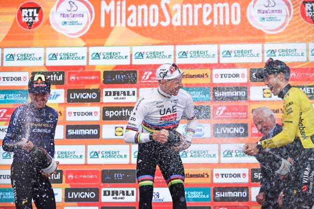 Milan Sanremo 2026 Cycling Race SANREMO, ITALY - MARCH 21 : Pogacar Tadej (SLO) of UAE Team Emirates - XRG, Pidcock Thomas (GBR) of Pinarello - Q36.5 Pro Cycling Team, Van Aert Wout (BEL) of Team Visma I Lease a Bike on the podium during the 117th edition of Milan Sanremo an UCI World Tour 1.UWT one day cycling road race for Men Elite of 298 km with start in Pavia and finish in Sanremo on March 21, 2026 in Sanremo, Italy, 21 03 2026 ( Motordriver Guy De Vuyst - Sanremo Italy  Copyright: xNicoxVereeckenx