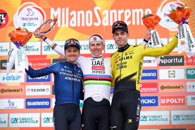Milan Sanremo 2026 Cycling Race SANREMO, ITALY - MARCH 21 : Pogacar Tadej (SLO) of UAE Team Emirates - XRG, Pidcock Thomas (GBR) of Pinarello - Q36.5 Pro Cycling Team, Van Aert Wout (BEL) of Team Visma I Lease a Bike on the podium during the 117th edition of Milan Sanremo an UCI World Tour 1.UWT one day cycling road race for Men Elite of 298 km with start in Pavia and finish in Sanremo on March 21, 2026 in Sanremo, Italy, 21 03 2026 ( Motordriver Guy De Vuyst - Sanremo Italy  Copyright: xNicoxVereeckenx