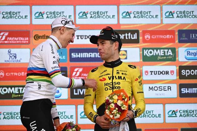 Slovenian Tadej Pogacar and Belgian Wout van Aert pictured on the podium after the Milano-Sanremo one day cycling race for men, 298km from Milan to San Remo, Italy, Saturday 21 March 2026. DAVIDxPINTENS  x168475451x