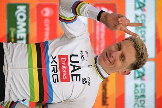 Slovenian Tadej Pogacar of UAE Team Emirates-XRG celebrates on the podium after winning the Milano-Sanremo one day cycling race for men, 298km from Milan to San Remo, Italy, Saturday 21 March 2026. DAVIDxPINTENS  x168475527x