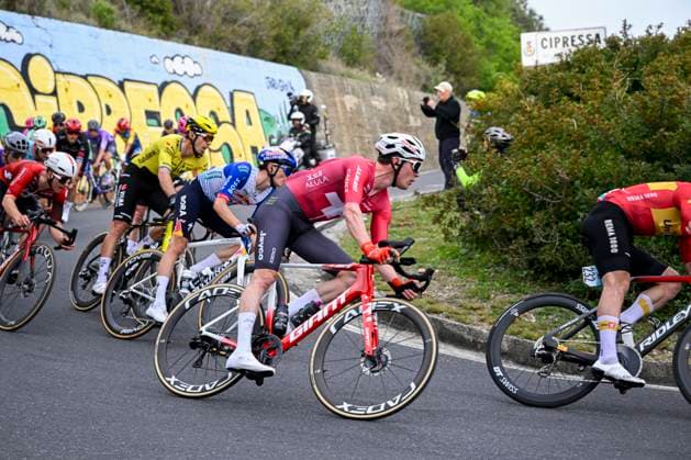 Milan Sanremo 2026 Cycling Race SANREMO, ITALY - MARCH 21 : Schmid Mauro (SUI) of Team Jayco AlUla on Cipressa during the 117th edition of Milan Sanremo an UCI World Tour 1.UWT one day cycling road race for Men Elite of 298 km with start in Pavia and finish in Sanremo on March 21, 2026 in Sanremo, Italy, 21 03 2026 ( Motordriver Guy De Vuyst - Sanremo Italy  Copyright: xNicoxVereeckenx