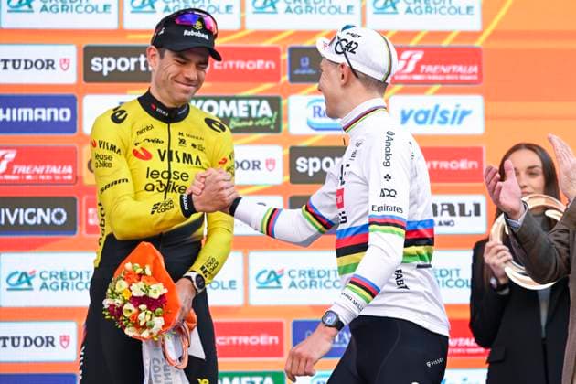 Milan Sanremo 2026 Cycling Race SANREMO, ITALY - MARCH 21 : Van Aert Wout (BEL) of Team Visma I Lease a Bike, Pogacar Tadej (SLO) of UAE Team Emirates - XRG on the podium during the 117th edition of Milan Sanremo an UCI World Tour 1.UWT one day cycling road race for Men Elite of 298 km with start in Pavia and finish in Sanremo on March 21, 2026 in Sanremo, Italy, 21 03 2026 ( Motordriver Guy De Vuyst - Sanremo Italy  Copyright: xNicoxVereeckenx