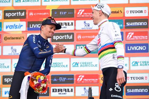Milan Sanremo 2026 Cycling Race SANREMO, ITALY - MARCH 21 : Pogacar Tadej (SLO) of UAE Team Emirates - XRG, Pidcock Thomas (GBR) of Pinarello - Q36.5 Pro Cycling Team on the podium during the 117th edition of Milan Sanremo an UCI World Tour 1.UWT one day cycling road race for Men Elite of 298 km with start in Pavia and finish in Sanremo on March 21, 2026 in Sanremo, Italy, 21 03 2026 ( Motordriver Guy De Vuyst - Sanremo Italy  Copyright: xNicoxVereeckenx