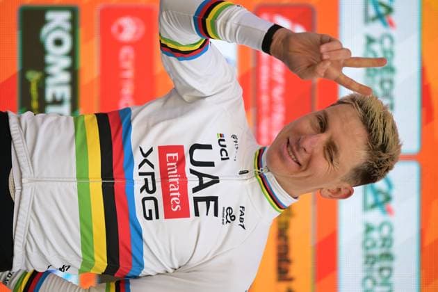 Slovenian Tadej Pogacar of UAE Team Emirates-XRG celebrates on the podium after winning the Milano-Sanremo one day cycling race for men, 298km from Milan to San Remo, Italy, Saturday 21 March 2026. DAVIDxPINTENS  x168475584x