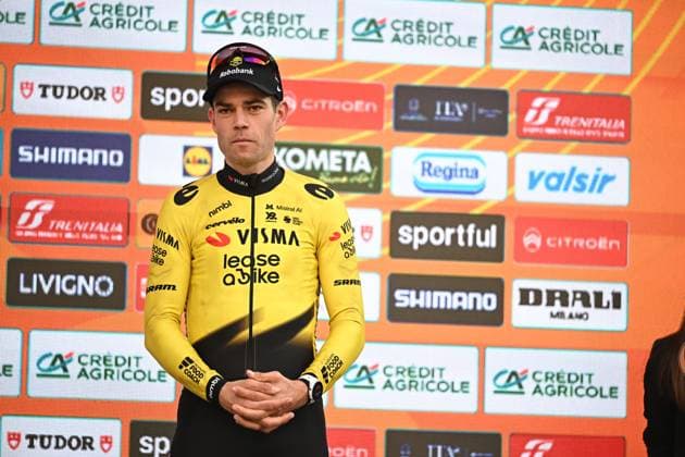 Belgian Wout van Aert pictured on the podium after the Milano-Sanremo one day cycling race for men, 298km from Milan to San Remo, Italy, Saturday 21 March 2026. DAVIDxPINTENS  x168475864x