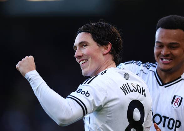 21st March 2026; Craven Cottage, Fulham, London, England; Premier League Football, Fulham versus Burnley; Harry Wilson of Fulham celebrates with Rodrigo Muniz of Fulham after scoring his sides 2nd goal in the 73rd minute to make it 2-1  JPxFletcher Content restricted for UK based newspaper