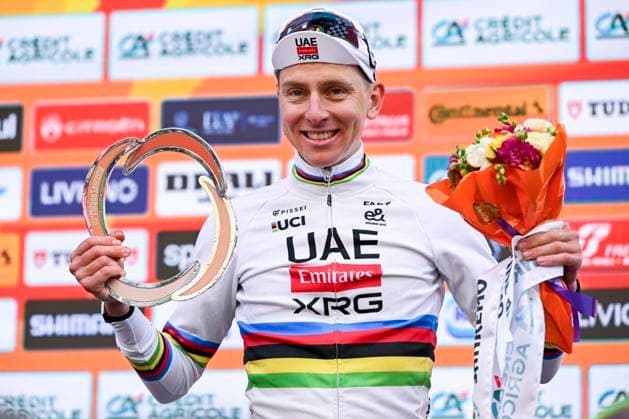 Milan Sanremo 2026 Cycling Race SANREMO, ITALY - MARCH 21 : Pogacar Tadej (SLO) of UAE Team Emirates - XRG on the podium during the 117th edition of Milan Sanremo an UCI World Tour 1.UWT one day cycling road race for Men Elite of 298 km with start in Pavia and finish in Sanremo on March 21, 2026 in Sanremo, Italy, 21 03 2026 ( Motordriver Guy De Vuyst - Sanremo Italy  Copyright: xNicoxVereeckenx