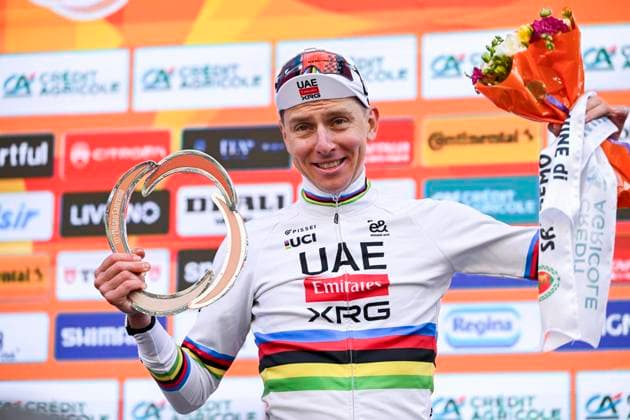 Milan Sanremo 2026 Cycling Race SANREMO, ITALY - MARCH 21 : Pogacar Tadej (SLO) of UAE Team Emirates - XRG on the podium during the 117th edition of Milan Sanremo an UCI World Tour 1.UWT one day cycling road race for Men Elite of 298 km with start in Pavia and finish in Sanremo on March 21, 2026 in Sanremo, Italy, 21 03 2026 ( Motordriver Guy De Vuyst - Sanremo Italy  Copyright: xNicoxVereeckenx