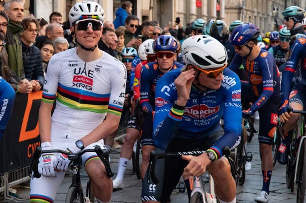 Start Of Milano Sanremo 2026 Tadej Pogacar and Mathieu Van Der Poel at the start of Milano-Sanremo 2026 in Pavia, Italy, on March 21, 2026. Pavia Italy  Copyright: xSilviaxColombox originalFilename:colombo-notitle260321_npOKT.jpg