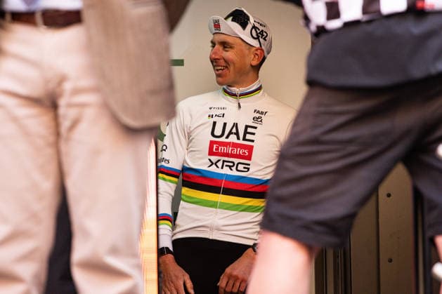 Milano Sanremo 2026 Tadej Pogacar waits for his first-place position on the podium at Via Roma in Sanremo, Italy, on March 21, 2026, during the Milano Sanremo 2026. Sanremo Italy  Copyright: xTommasoxBerardix originalFilename:berardi-milanosa260321_npcs3.jpg