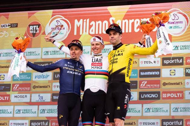 Milano Sanremo 2026 Thomas Pidcock, Tadej Pogacar, and Wout Van Aert stand on the full podium at Via Roma in Sanremo, Italy, on March 21, 2026, during the Milano Sanremo 2026. Sanremo Italy  Copyright: xTommasoxBerardix originalFilename:berardi-milanosa260321_npIjO.jpg