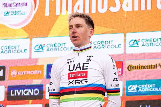 Milano Sanremo 2026 Tadej Pogacar stands in 1st place on the podium with Carlos Sainz at Via Roma in Sanremo, Italy, on March 21, 2026, during the Milano Sanremo 2026. Sanremo Italy  Copyright: xTommasoxBerardix originalFilename:berardi-milanosa260321_npIro.jpg