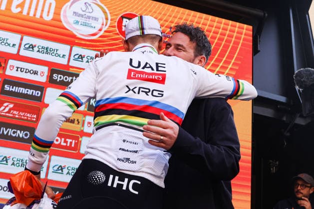 Milano Sanremo 2026 Tadej Pogacar stands in 1st place on the podium with Mark Cavendish at Via Roma in Sanremo, Italy, on March 21, 2026, during the Milano Sanremo 2026. Sanremo Italy  Copyright: xTommasoxBerardix originalFilename:berardi-milanosa260321_nplyf.jpg