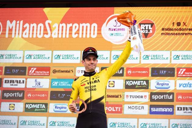 Milano Sanremo 2026 Wout Van Aert stands in third place on the podium at Via Roma in Sanremo, Italy, on March 21, 2026, during the Milano Sanremo 2026. Sanremo Italy  Copyright: xTommasoxBerardix originalFilename:berardi-milanosa260321_npSkd.jpg