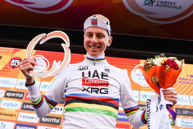 Milano Sanremo 2026 Tadej Pogacar stands in first place on the podium at Via Roma in Sanremo, Italy, on March 21, 2026, during the Milano Sanremo 2026. Sanremo Italy  Copyright: xTommasoxBerardix originalFilename:berardi-milanosa260321_npXda.jpg