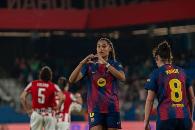 BARCELONA, SPAIN - MARCH 21: Sydney Schertenleib (N6) celebrates a goal during La Liga F Moeve match between FC Barcelona, Barca and Athletic Club de Bilbao at Estadio Johan Cruyff on march 21, 2026 in Barcelona, Spain Copyright: xAndresxLopezxSheridanxx xSPPx Sportspressphoto_SPR115336
