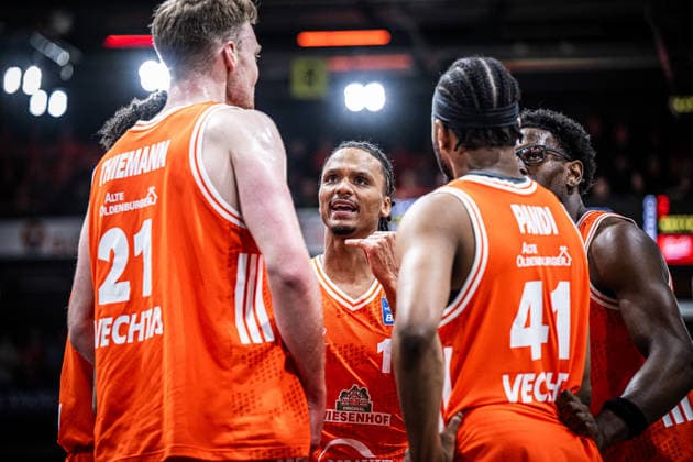 1 Basketball Bundesliga, easyCredit BBL, Season 2025 2026, Men, Main Round, 25 Matchday, 21 03 2026, RASTA Vechta NINERS Chemnitz The RASTA Vechta team during the game Vechta RASTA Dome Lower Saxony Germany