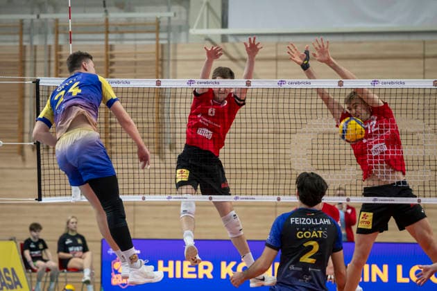 1 Volleyball Bundesliga Season 2025 2026 Cerebricks Volley Goats Mitteldeutschland vs SV Warnemünde Halle, Germany 21 March 2026 Pictured from left Clay Wieter Bitterfeld , Bradley Merryweather Warnemuende , Arshia Feizollahi Bitterfeld and Joshua Glasbergen Warnemuende Halle Saale swh Arena Sachsen Anhalt Germany
