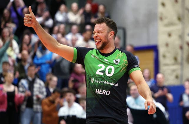 21 03 2026, Germany, Ludwigsburg Volleyball Barock Volleys MTV Ludwigsburg vs Helios Grizzyls Giesen , Jeffrey Klok LB cheers and clenches his fists
