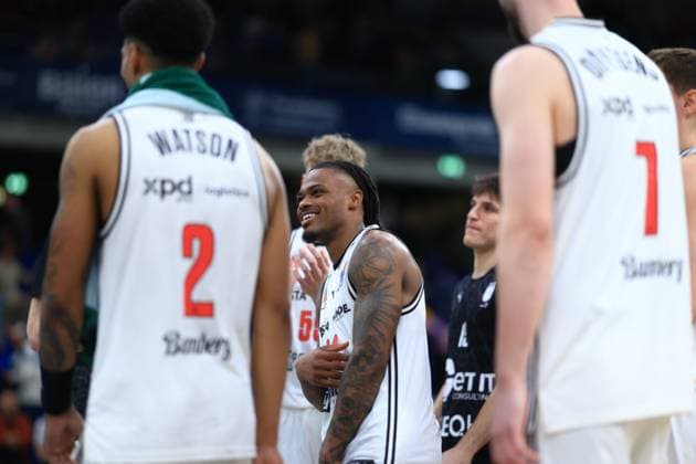 Scene with Cobe Williams 24 BMA365 Bamberg Baskets and Adrian Petkovic 15 BMA365 Bamberg Baskets on the court easyCredit BBL MLP Academics Heidelberg - Bamberg Baskets Copyright: xSpeedshotx
