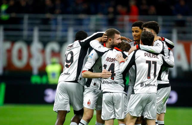 MILAN, ITALY - MARCH 21: Strahinja Pavlovic of AC Milan celebrates with teammates after scoring his team first goal ,during the Serie A match between AC Milan and Torino FC at Giuseppe Meazza Stadium on March 21, 2026 in Milan, Italy.  Copyright: xMBxMediax