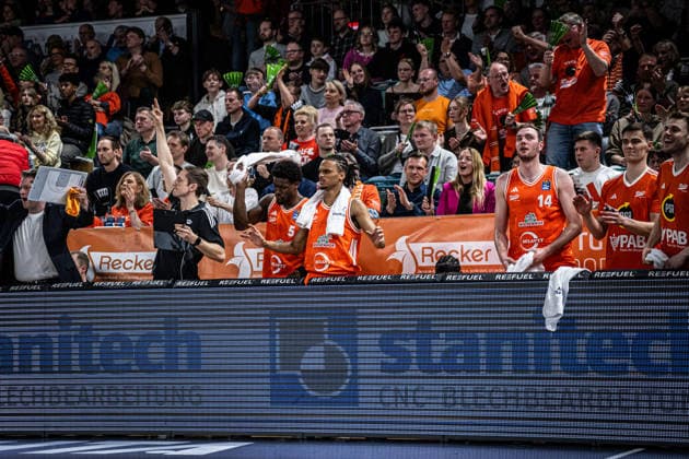 1 Basketball Bundesliga, easyCredit BBL, Season 2025 2026, Men, Main Round, 25 Matchday, 21 03 2026, RASTA Vechta NINERS Chemnitz The RASTA Vechta team during the game Vechta RASTA Dome Lower Saxony Germany