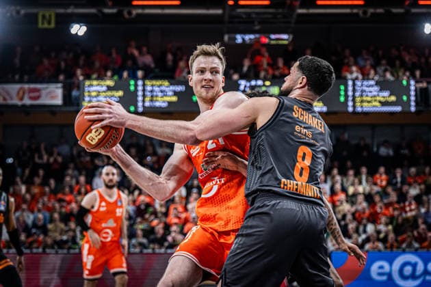 1 Basketball Bundesliga, easyCredit BBL, Season 2025 2026, Men, Main Round, 25 Matchday, 21 03 2026, RASTA Vechta NINERS Chemnitz Lars Thiemann 21 RASTA Vechta in action Vechta RASTA Dome Lower Saxony Germany