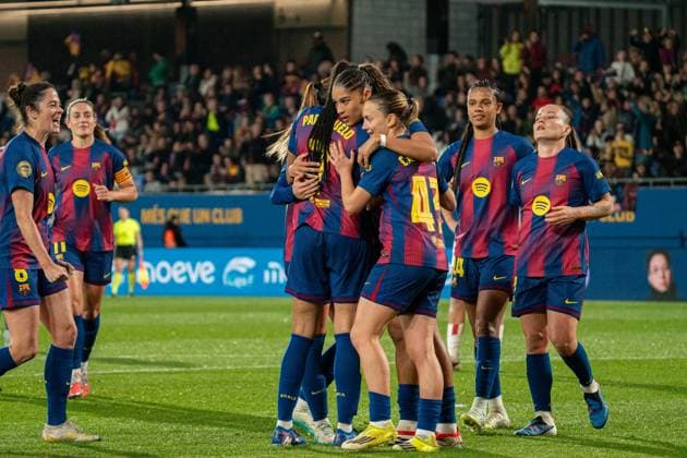 BARCELONA, SPAIN - MARCH 21: Fútbol Club Barcelona celebrate a goal during La Liga F Moeve match between FC Barcelona, Barca and Athletic Club de Bilbao at Estadio Johan Cruyff on march 21, 2026 in Barcelona, Spain Copyright: xAndresxLopezxSheridanxx xSPPx Sportspressphoto_SPR115410