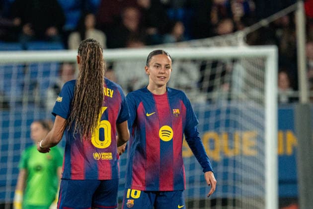 BARCELONA, SPAIN - MARCH 21: Clara Serrajordi (N16) celebrates a goal with Sydney Schertenleib (N6) during La Liga F Moeve match between FC Barcelona, Barca and Athletic Club de Bilbao at Estadio Johan Cruyff on march 21, 2026 in Barcelona, Spain Copyright: xAndresxLopezxSheridanxx xSPPx Sportspressphoto_SPR115411