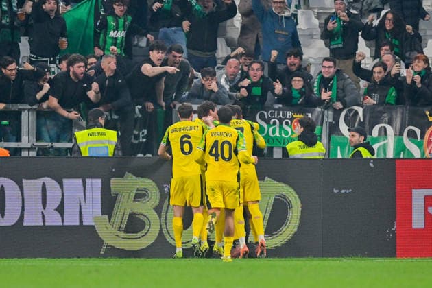 Sassuolo s Andrea Pinamonti celebrates after scoring a goal for his team during the Serie A soccer match between Juventus and Sassuolo at the Allianz Stadium in Turin, Italy - Saturday, March 21, 2026. - Soccer .  Copyright: xTanoxPecoraro LaPressex
