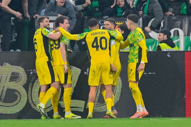 Sassuolo s Andrea Pinamonti celebrates after scoring a goal for his team during the Serie A soccer match between Juventus and Sassuolo at the Allianz Stadium in Turin, Italy - Saturday, March 21, 2026. - Soccer .  Copyright: xTanoxPecoraro LaPressex