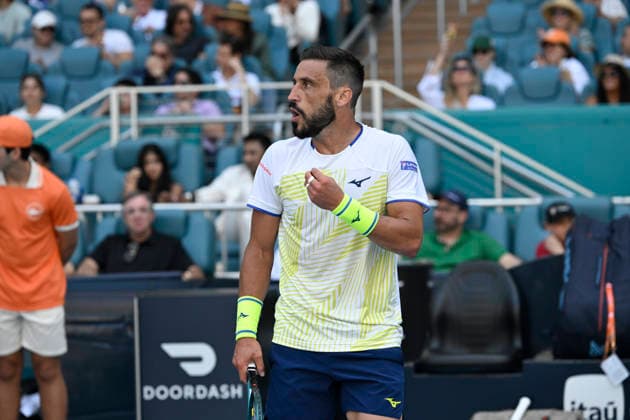 March 21, 2026, Miami Gardens, Florida, USA: Damir Dzumhur (BIH) reacts during 2nd round MenÃ¢â‚¬â ¢s Singles match at the Miami Open on March 21, 2026, at Hard Rock Stadium in Miami Gardens, Florida. 2026 Miami Open, Miami Gardens, USA - 21 Mar 2026  - ZUMAsd3_ 20260321_znp_sd3_043 Copyright: xMichelexEvexSandbergx